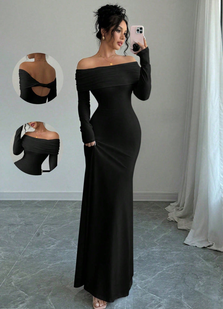 Ladies Elegant and form-fitting Off-Shoulder Maxi Dress with long sleeves Mune Fashion