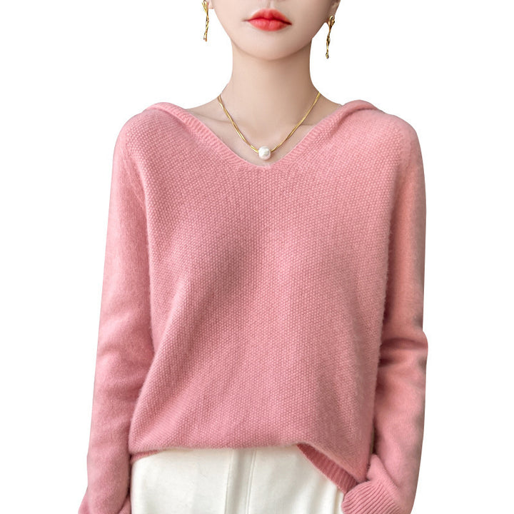 Women's Soft Mohair-Optic Hooded Sweater with V-Neck and Ribbed Hem