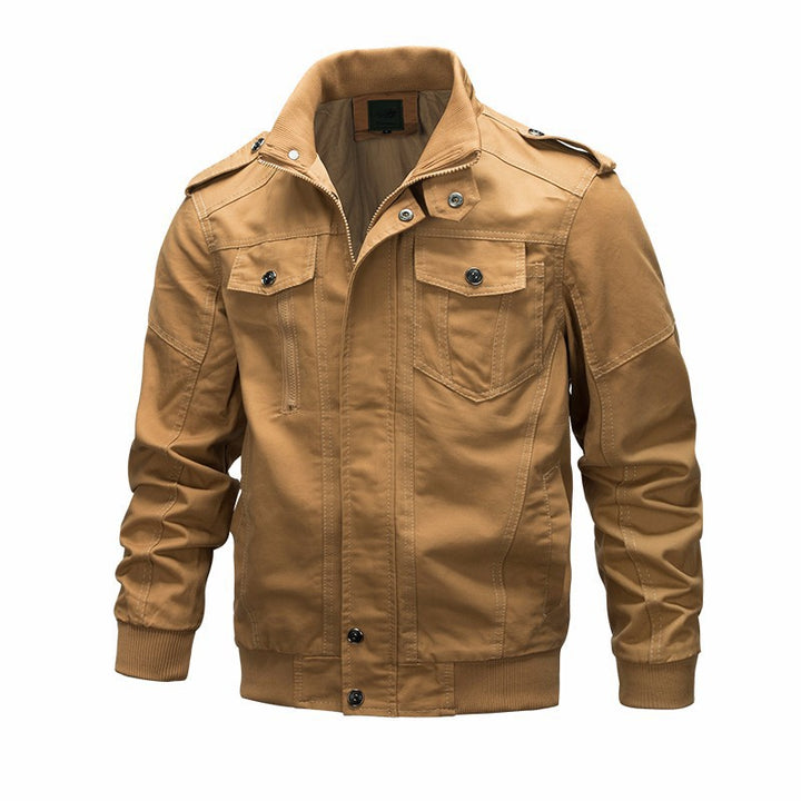 Men's lightweight cotton canvas flight jacket with shoulder epaulettes, concealed zipper, and multifunctional pockets.