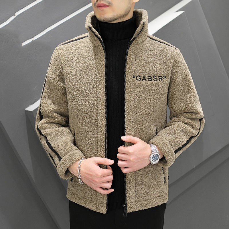 Men's Teddy Fleece Blouson with Stand Collar, Zipper and Contrast Stripes Mune Fashion