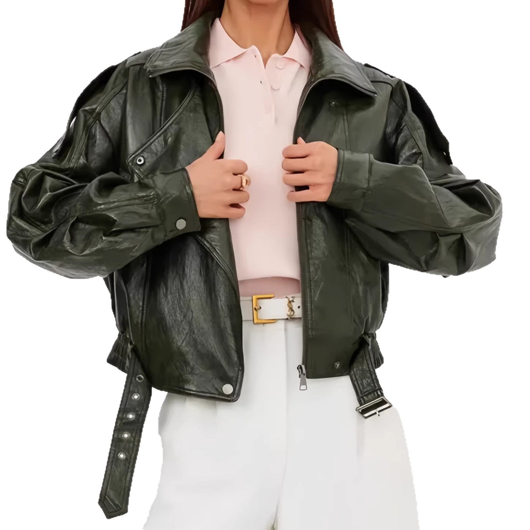 Women's Stylish Leather Jacket with Hip Belt