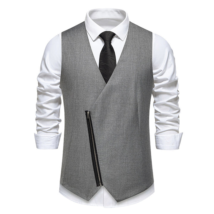 Men's Tailored Vest with Asymmetric Zipper and V-Neck Mune Fashion