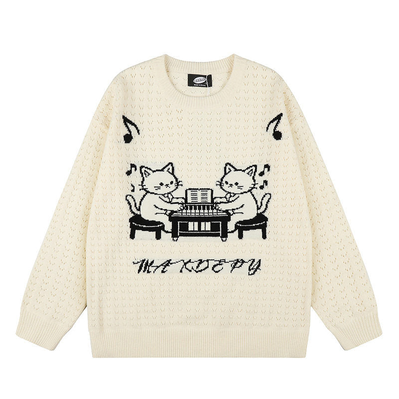 Women's Oversize Knit Sweater with Jacquard Cat Motif and Musical Design Mune Fashion