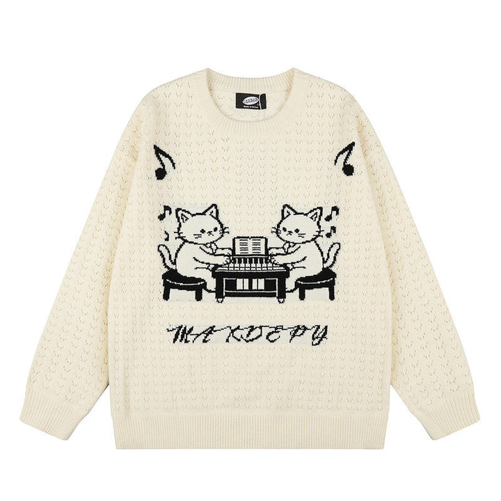 Women's Oversize Knit Sweater with Jacquard Cat Motif and Musical Design Mune Fashion