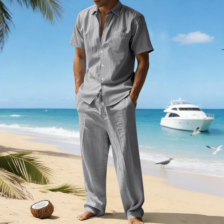Men's resort-appropriate short-sleeve shirt with chest pocket and casual linen drawstring pants Mune Fashion