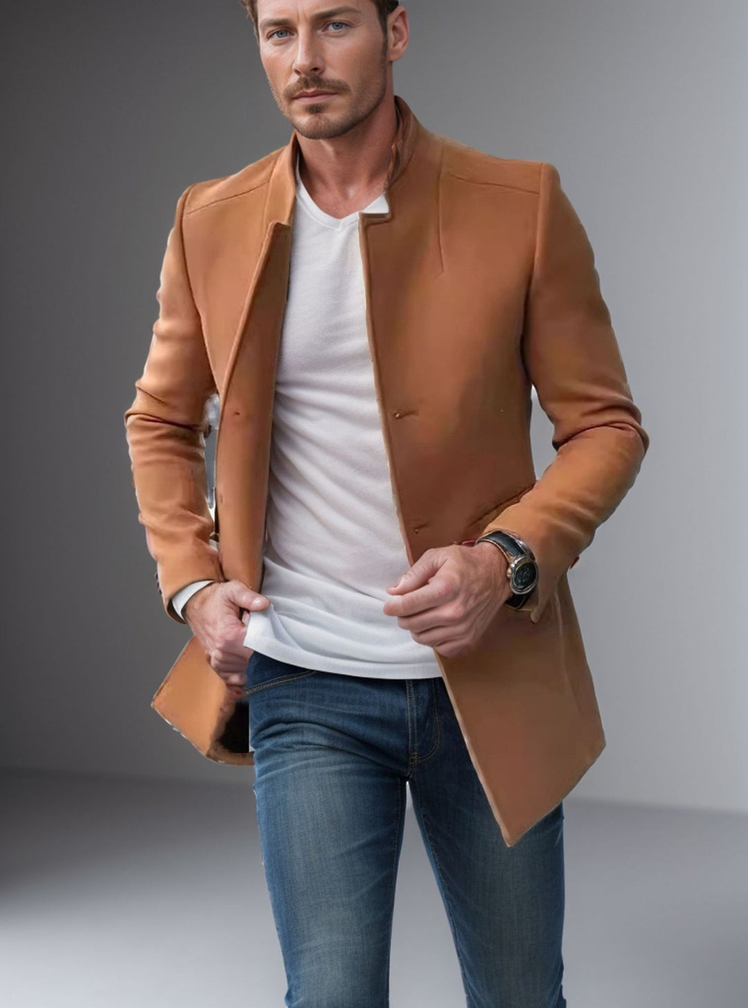 Men's Stand-Up Collar Longline Coat in Slim Fit with Hidden Button Placket Mune Fashion