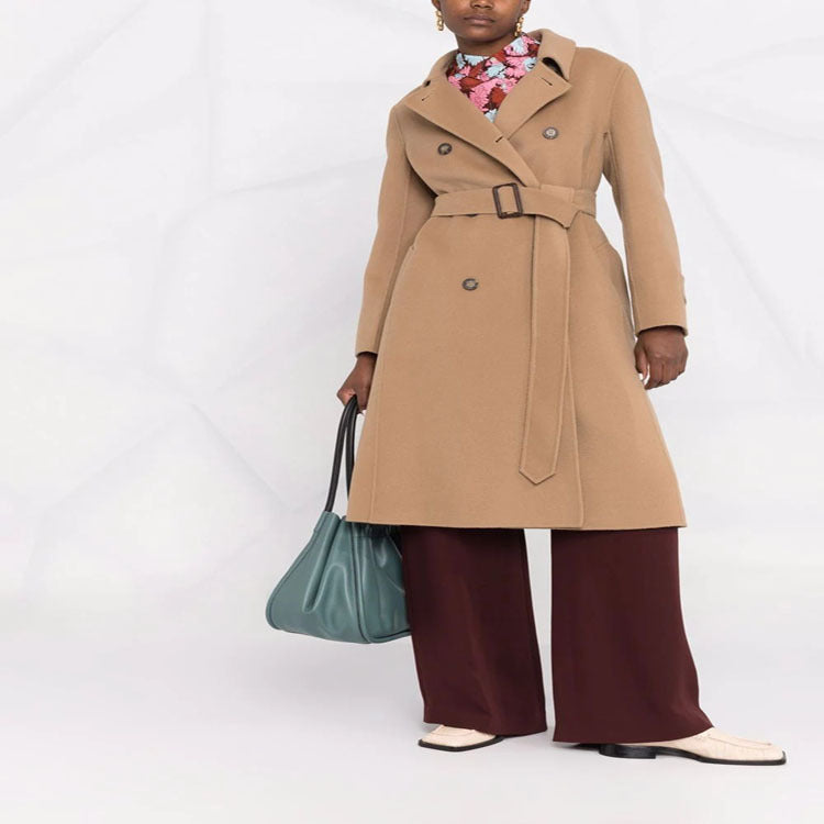 Women's tailored double-breasted wool blend coat with tie belt and A-line cut Mune Fashion