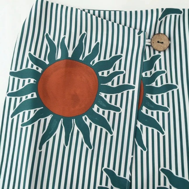 Women's Midi Skirt Wrap Skirt with Sun Print, Vertical Stripes and Button Closure Mune Fashion
