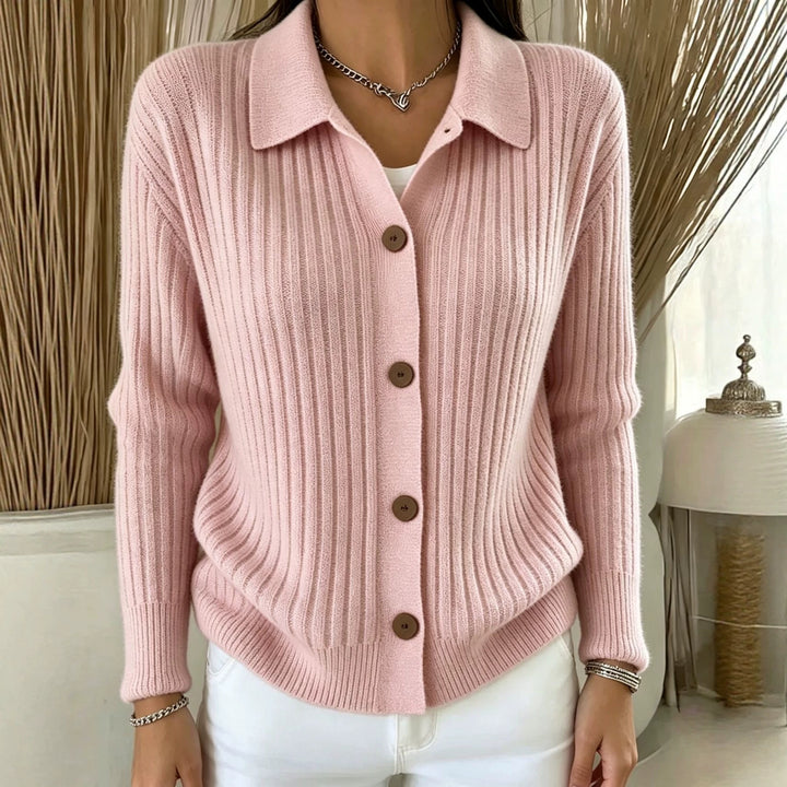 Women's Fine Ribbed Button Cardigan with Shirt Collar and Boxy Silhouette Mune Fashion