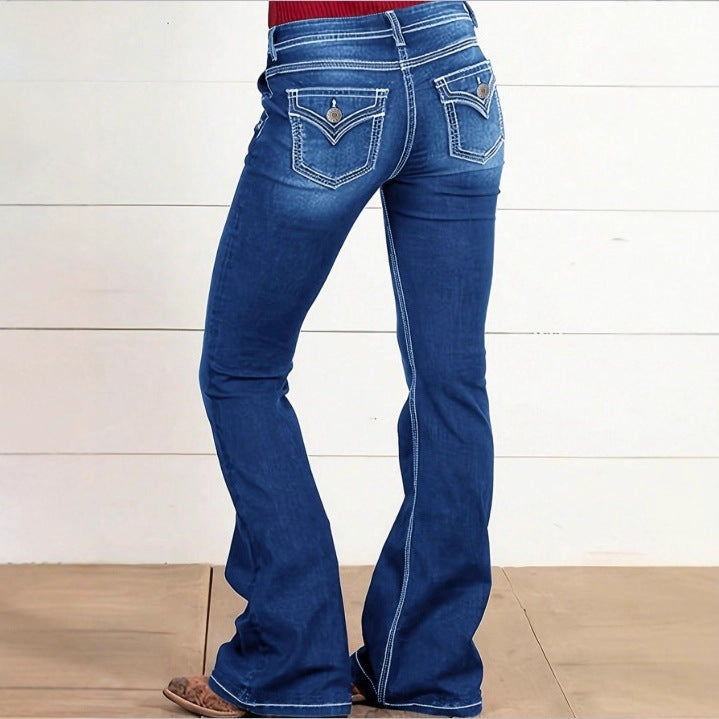 Women's High-Waisted Flared Jeans with Decorative Metal Buttons and Contrast Stitching Mune Fashion