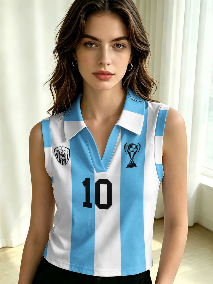 Women's sleeveless polo shirt crop top with V-neck, classic collar, and patriotic print Mune Fashion
