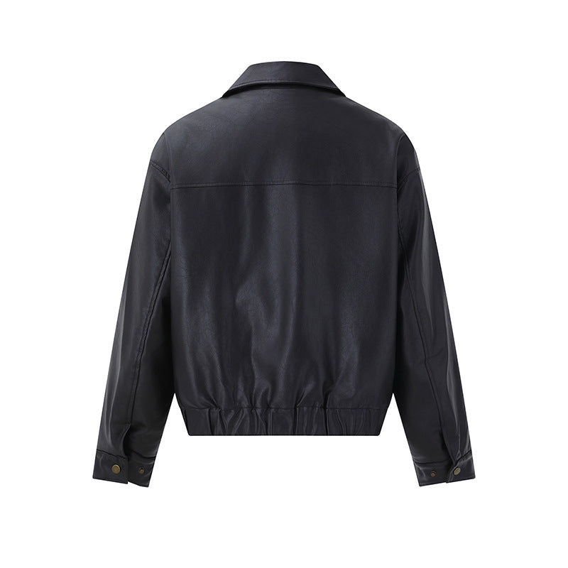 Men's Short Boxy Leather Blouson with Flap Pockets and Elastic Waistband Mune Fashion
