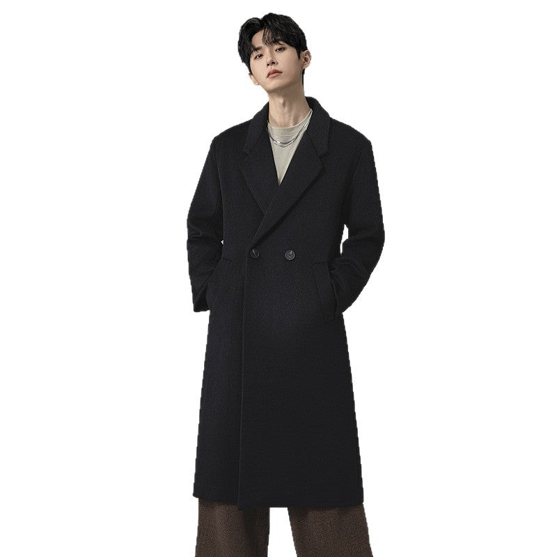 Men's Elegant Long Wool Blend Coat with Downfall Shawl Collar and Clean Single Breasted Mune Fashion