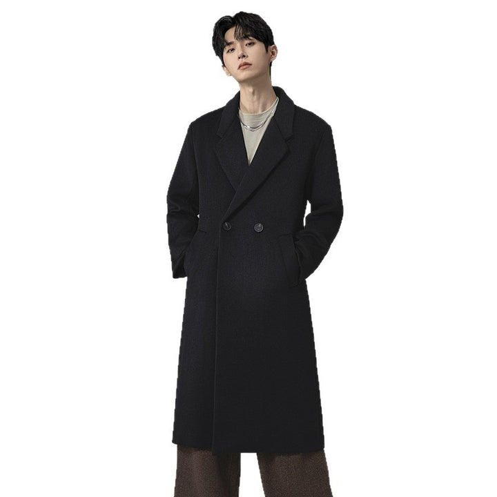 Men's Elegant Long Wool Blend Coat with Downfall Shawl Collar and Clean Single Breasted Mune Fashion