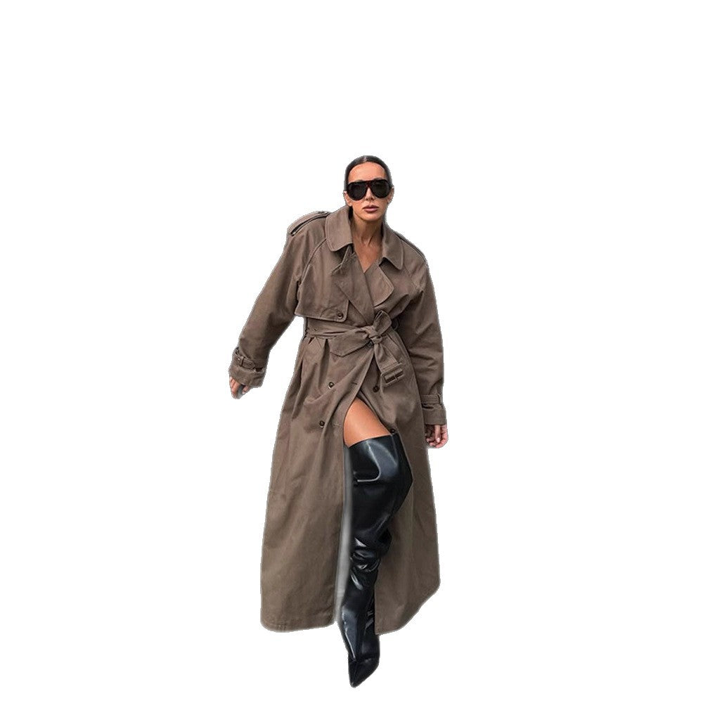 Women's Maxi Length Trench Coat with Emphasized Shoulder Section, Double Button Placket and Tie Belt Mune Fashion