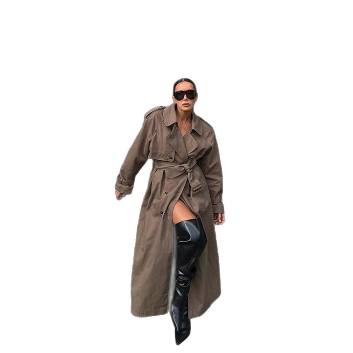 Women's Maxi Length Trench Coat with Emphasized Shoulder Section, Double Button Placket and Tie Belt Mune Fashion