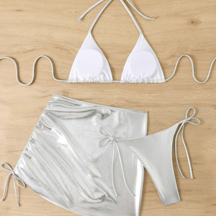 Women's Shiny Triangle Bikini Set with Wrap Skirt Mune Fashion