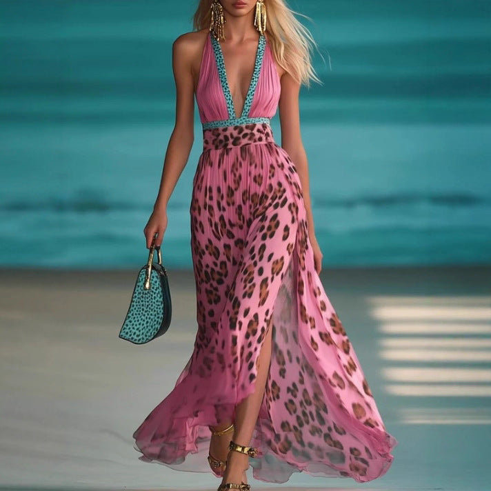Women nan maxi dress with deep V-neck, braided halter, leopard print, pleated chiffon skirt, and side leg slit Mune Fashion