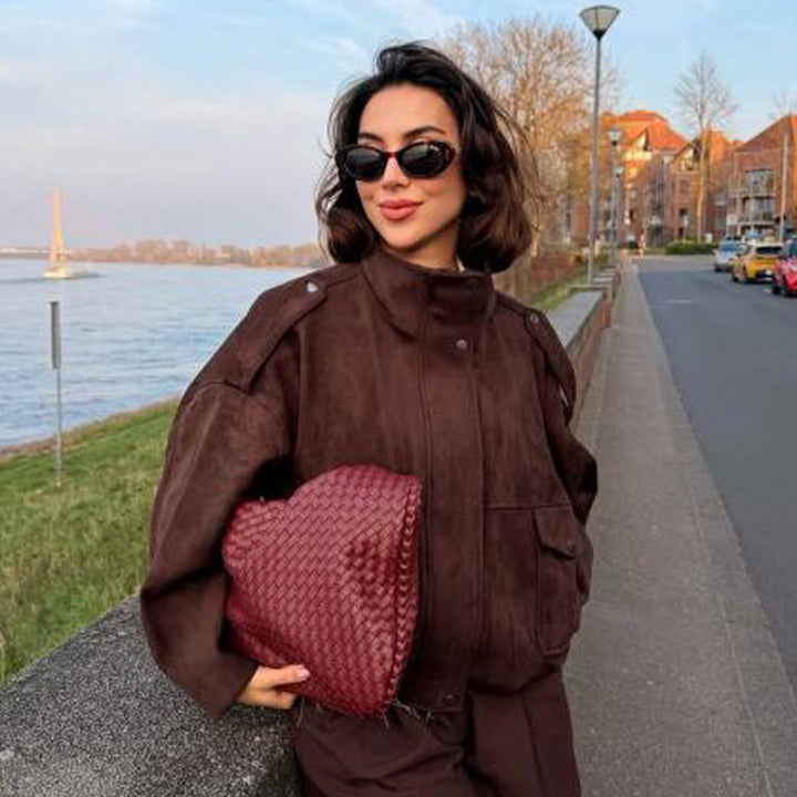 Women's Oversized Suede Bomber with Shoulder Epaulettes, Flap Pockets and High Stand-Up Collar Mune Fashion