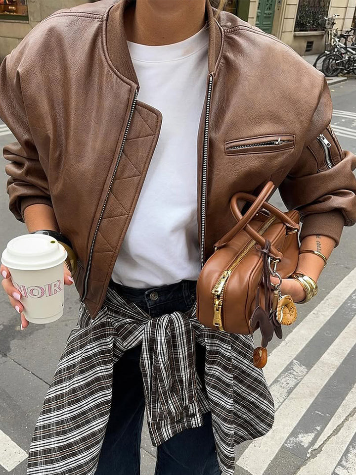 Women's Short Cut Faux Leather Bomber with Ribbed Collar, Zipper & Zip Chest Pocket Mune Fashion
