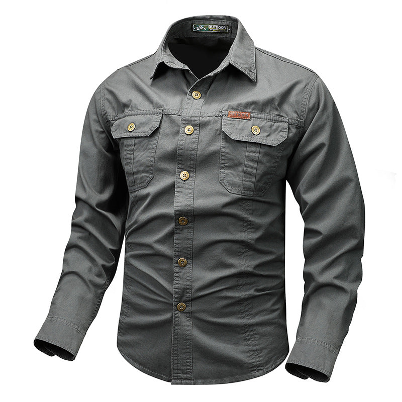 Men's casual military shirt with chest pockets and cotton twill fabric