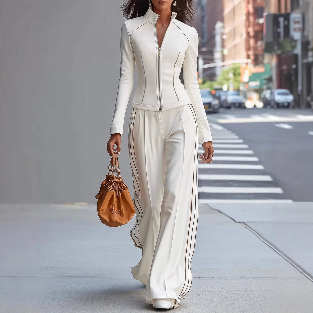 Women's Tailored Stand-Up Collar Blouson with Zipper and Wide Palazzo Pants with Piping Mune Fashion