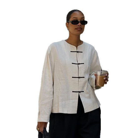 Women's Boxy Linen Blouse with Toggle Closures and Asymmetric Hem Mune Fashion