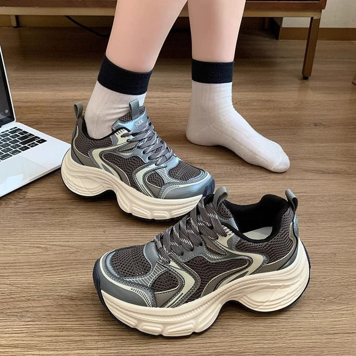 Women's Voluminous Chunky Sneakers with Breathable Mesh-PU Mix and Sculpted Wedge Sole Mune Fashion