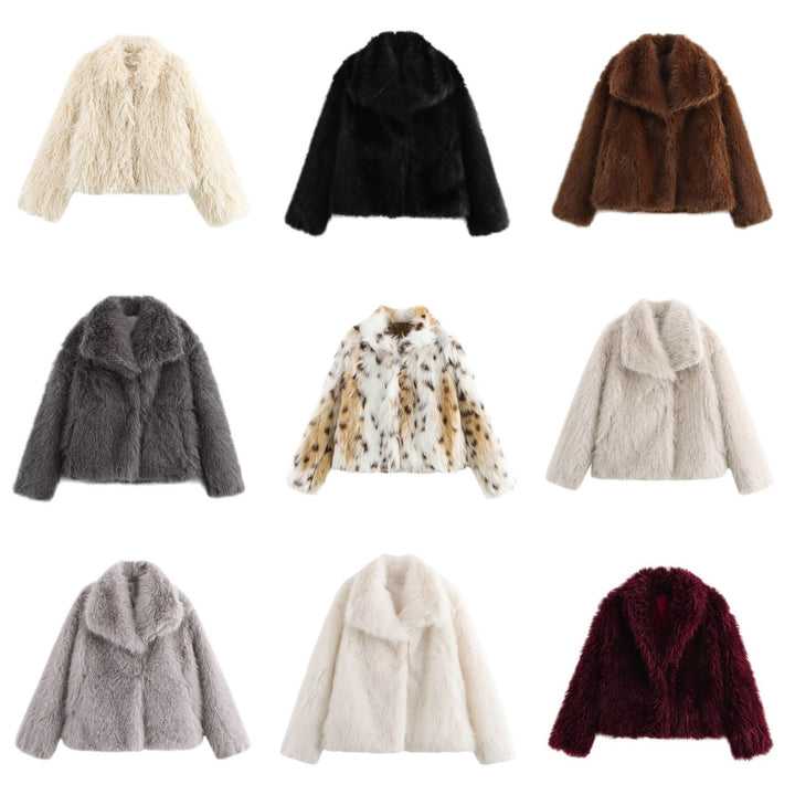 Women short cut boxy faux fur coat with shawl collar Mune Fashion