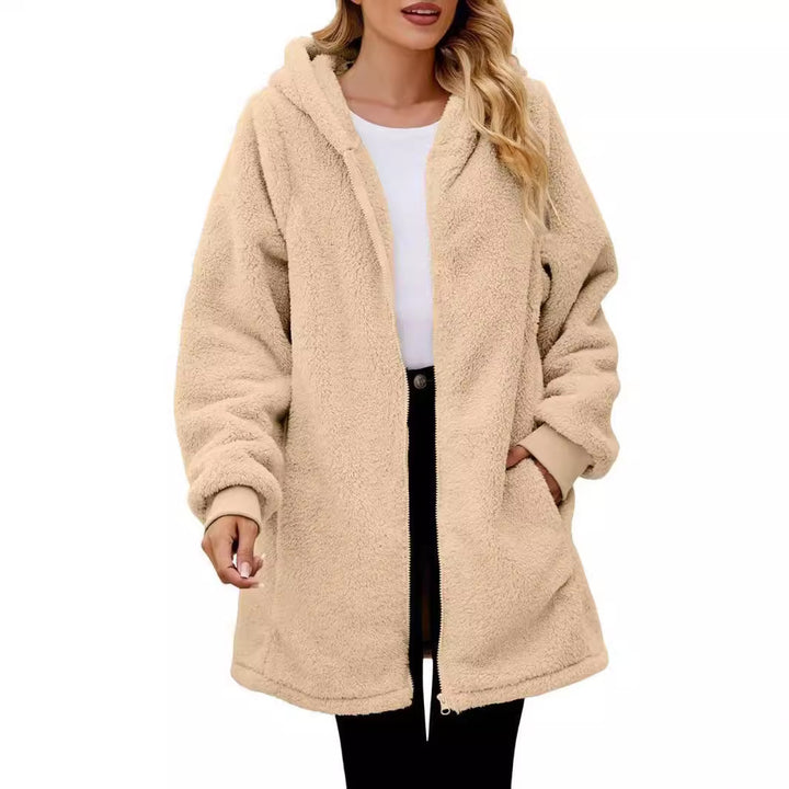 Women's knee-length soft teddy parka with hood, elastic cuffs, and two-way zipper Mune Fashion
