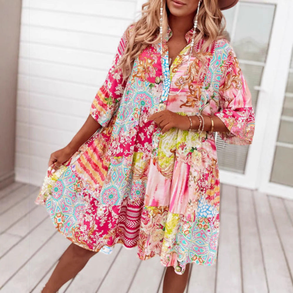 Ladies' airy tiered dress in patchwork boho style with stand collar, gathered waist seam, and three-quarter sleeves Mune Fashion