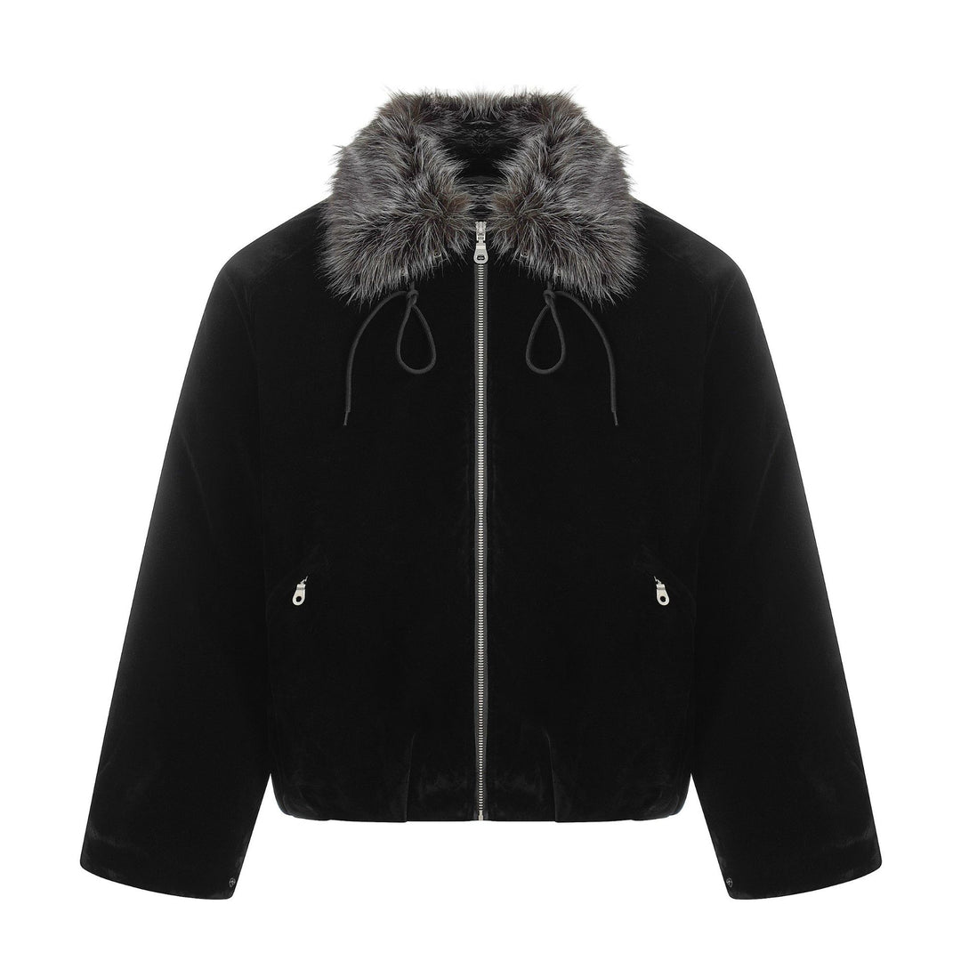Men's Suede Bomber Jacket with Detachable Faux Fur Collar and Drawstring Mune Fashion