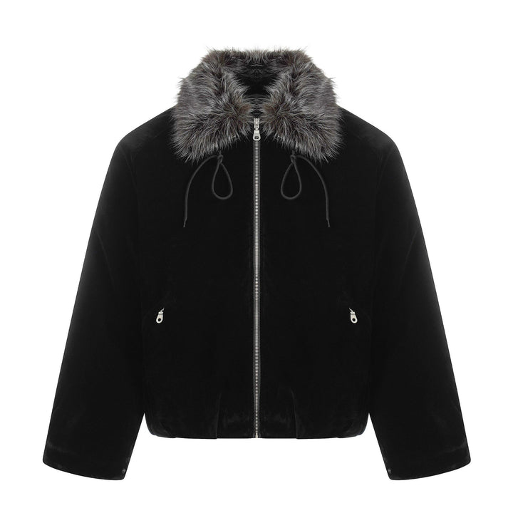 Men's Suede Bomber Jacket with Detachable Faux Fur Collar and Drawstring Mune Fashion