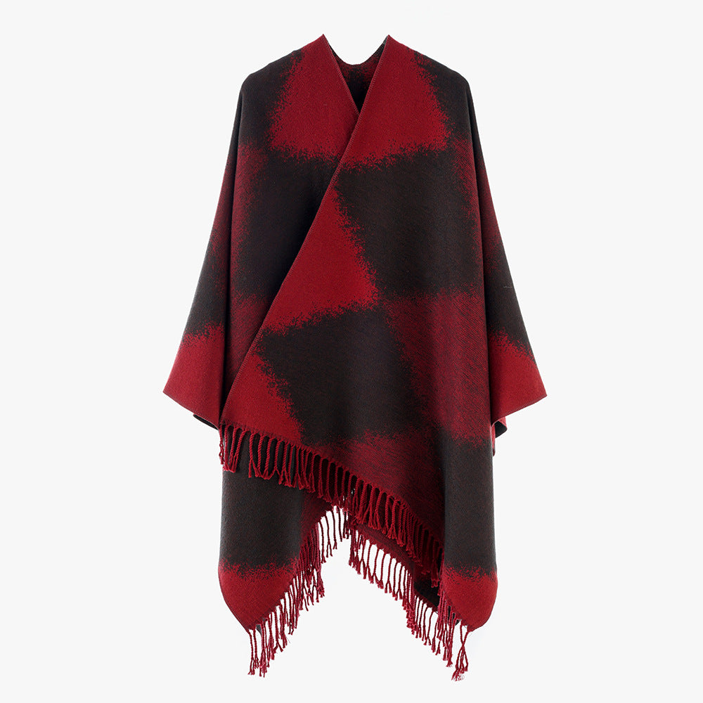 Women Oversized Poncho made of wool blend with washed check and fringe hem Mune Fashion