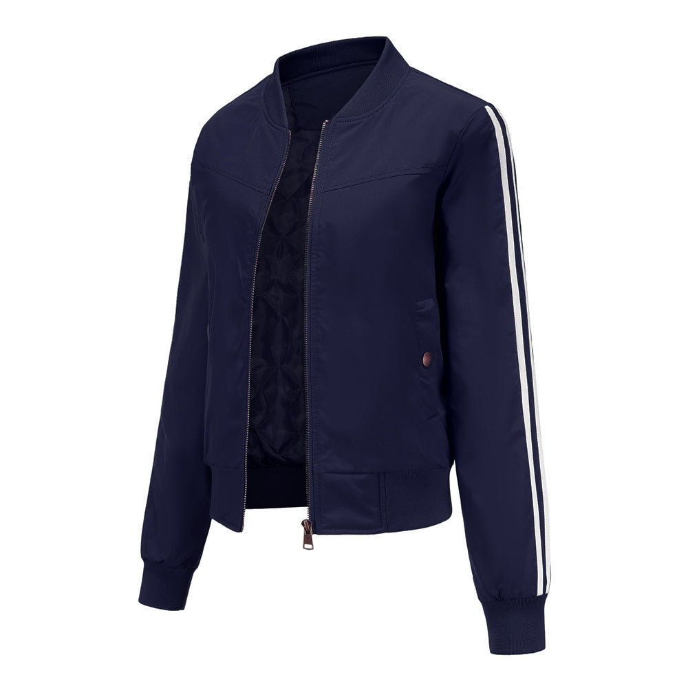 Women's casual bomber jacket with side contrast stripes, quilted inner lining and ribbed cuffs Mune Fashion