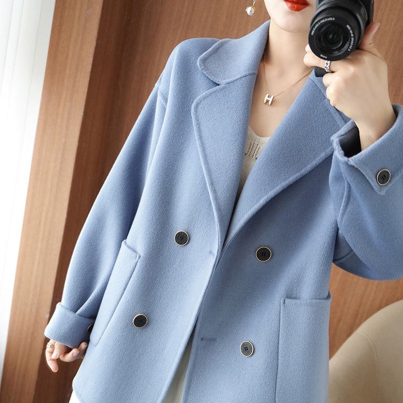 Women's Short Double-Breasted Wool Blend Coat with Notched Collar and Boxy Oversized Silhouette Mune Fashion