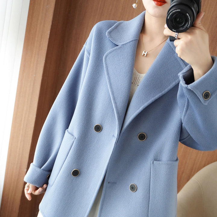 Women's Short Double-Breasted Wool Blend Coat with Notched Collar and Boxy Oversized Silhouette Mune Fashion