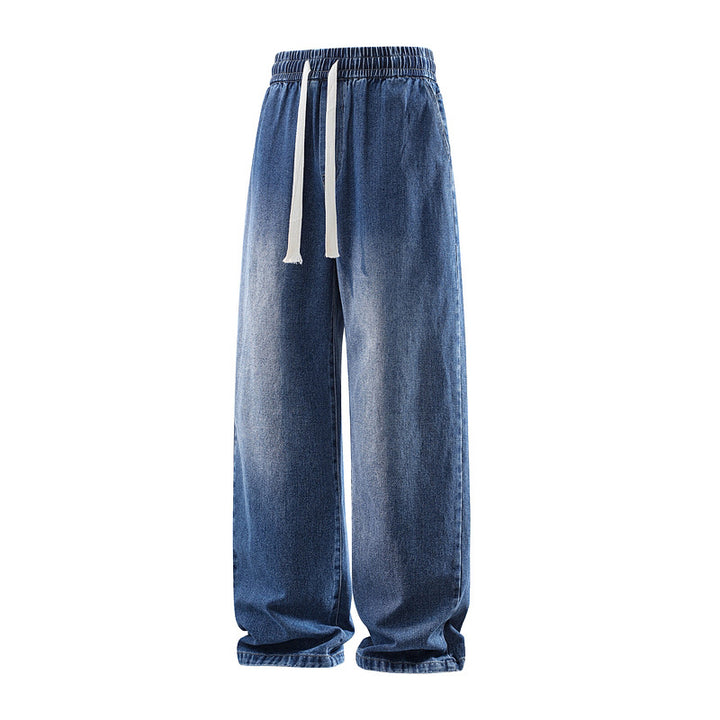Men's Wide Denim Casual Pants with Elastic Waistband, Drawstring & Relaxed Baggy Silhouette Mune Fashion