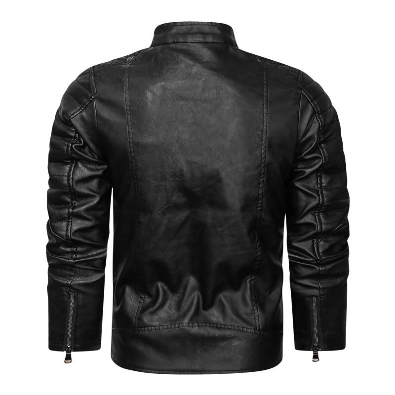 Men's motorcycle-inspired leather look jacket with stand-up collar and decorative seams Mune Fashion