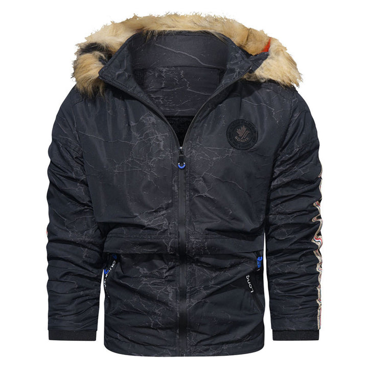 Men's quilted hooded jacket in field parka style with faux fur trim and sleeve stripe Mune Fashion