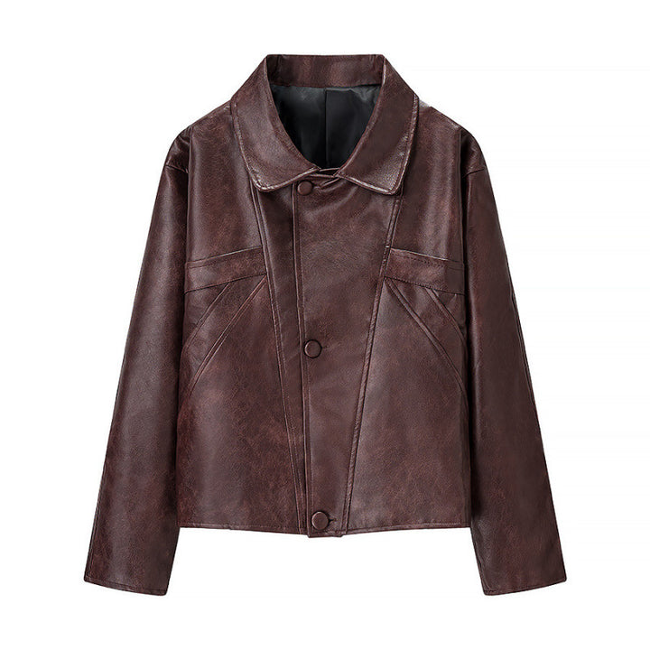 Women's short jacket made of faux leather in boxy cut with decorative seam details Mune Fashion