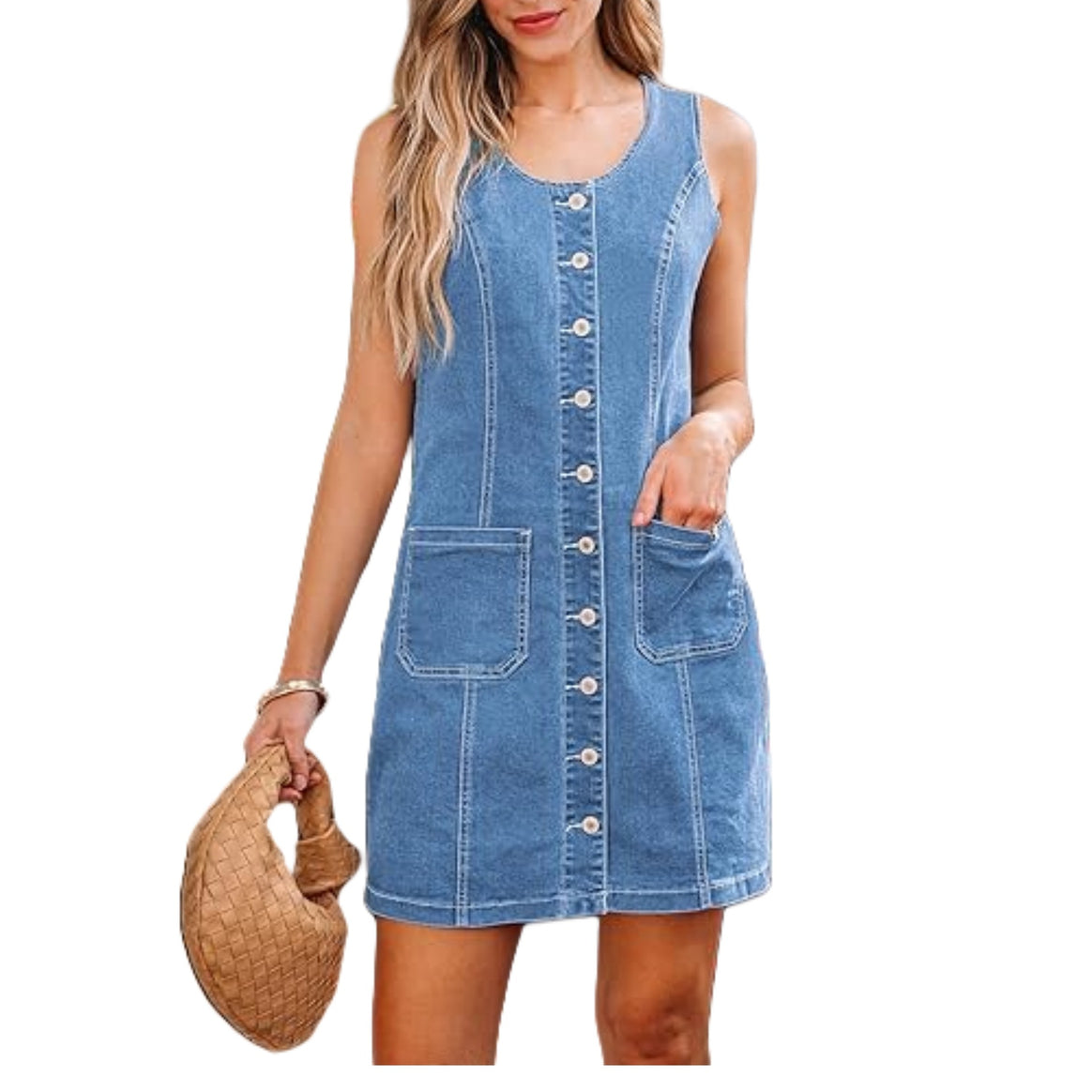 Women's Sleeveless Denim Mini Dress with Full Button Placket and Patch Pockets Mune Fashion
