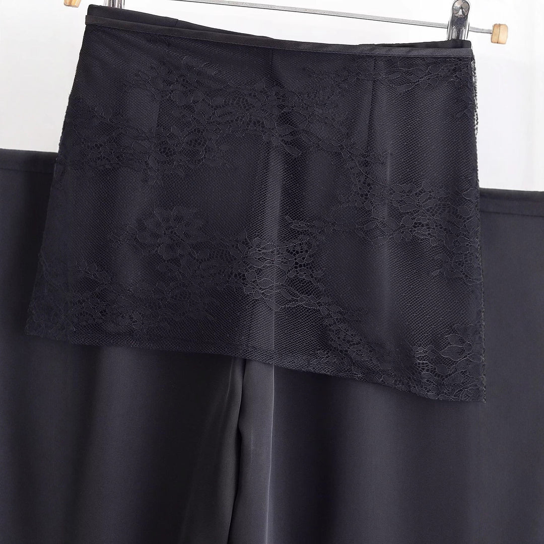 Women's wide satin pants with lace overlay and tie belt Mune Fashion
