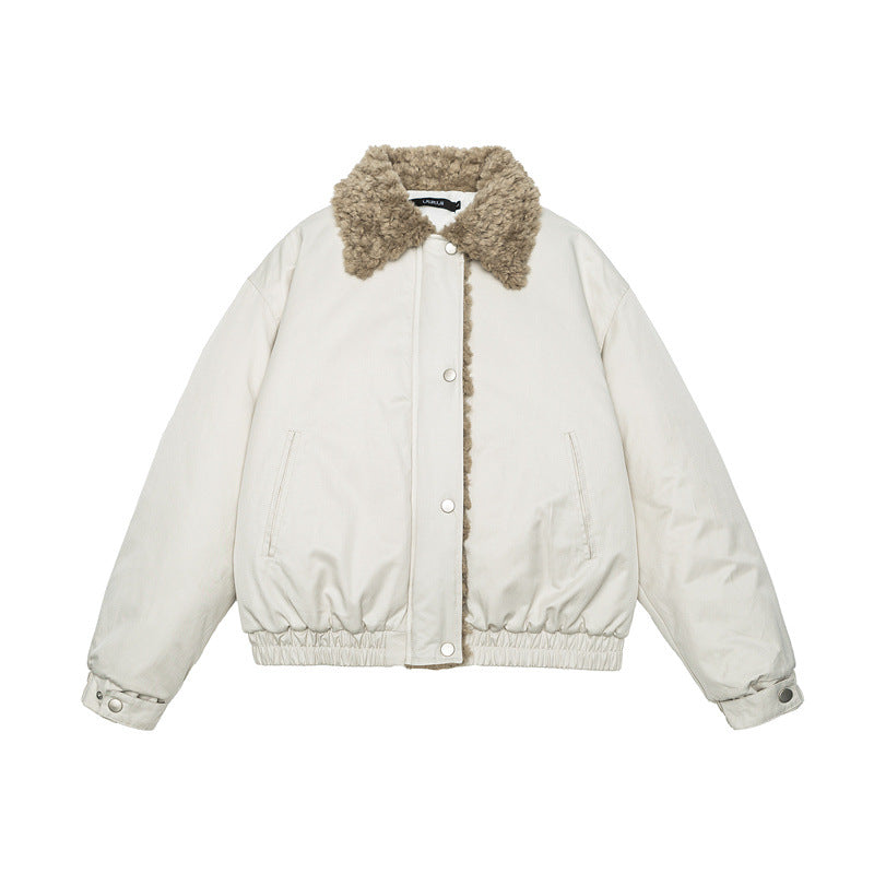 Women's Short Cut Teddy-Lined Blouson Jacket with Faux Fur Collar Mune Fashion