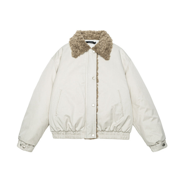 Women's Short Cut Teddy-Lined Blouson Jacket with Faux Fur Collar Mune Fashion