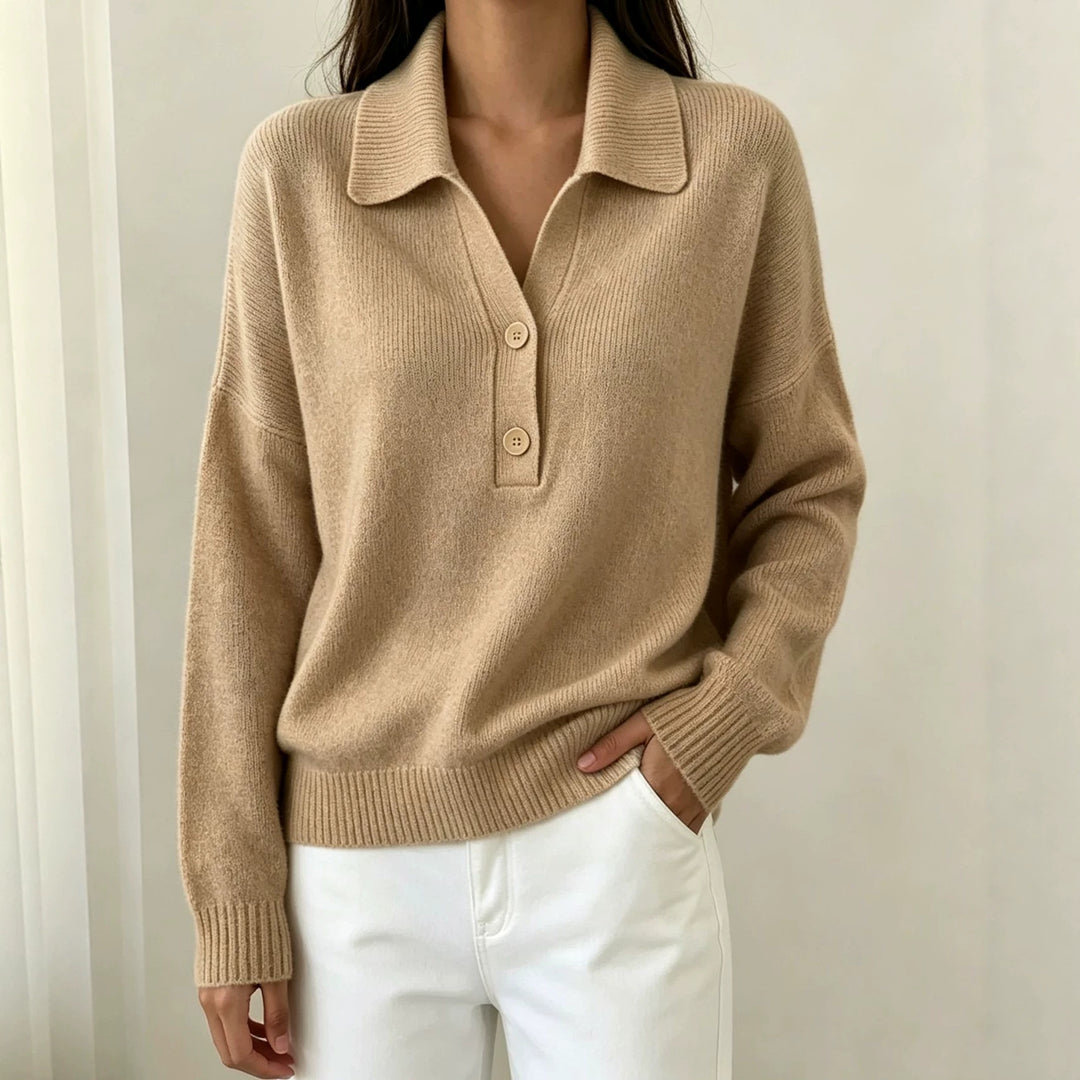 Women Polo Collar Sweater with Half Button Placket and Ribbed Hem Mune Fashion