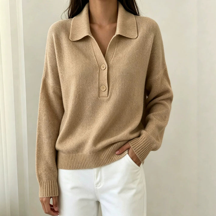 Women Polo Collar Sweater with Half Button Placket and Ribbed Hem Mune Fashion