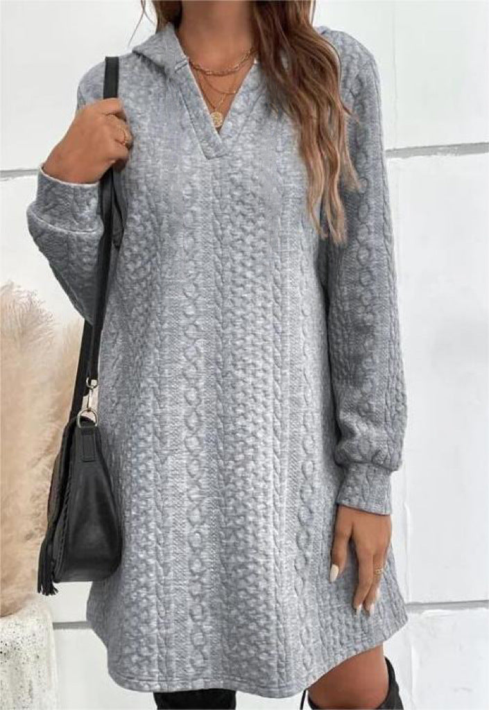 Women's Casual Textured Hoodie Knit Dress in Tunic Cut Mune Fashion