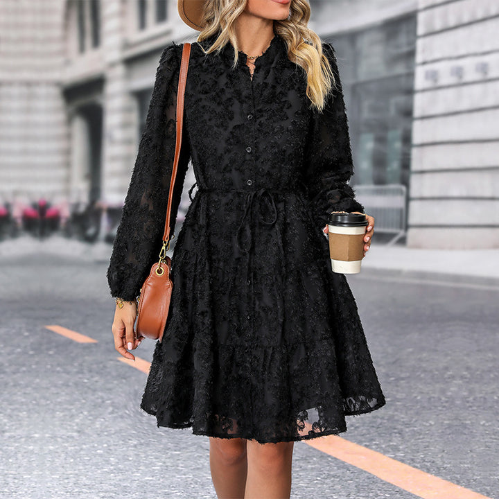 Ladies Elegant Long Sleeve Dress with Ruffles Mune Fashion