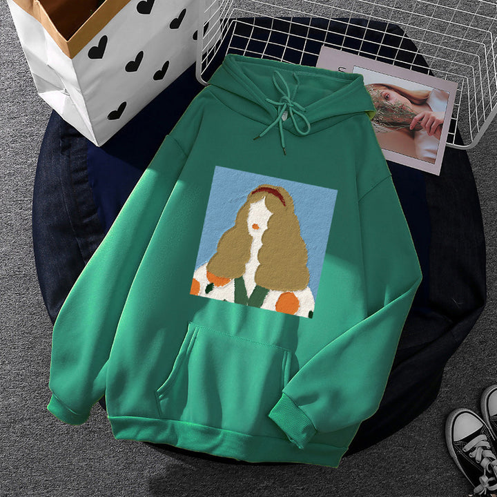 Women's hoodie with artistic chenille embroidery in portrait style and kangaroo pocket Mune Fashion